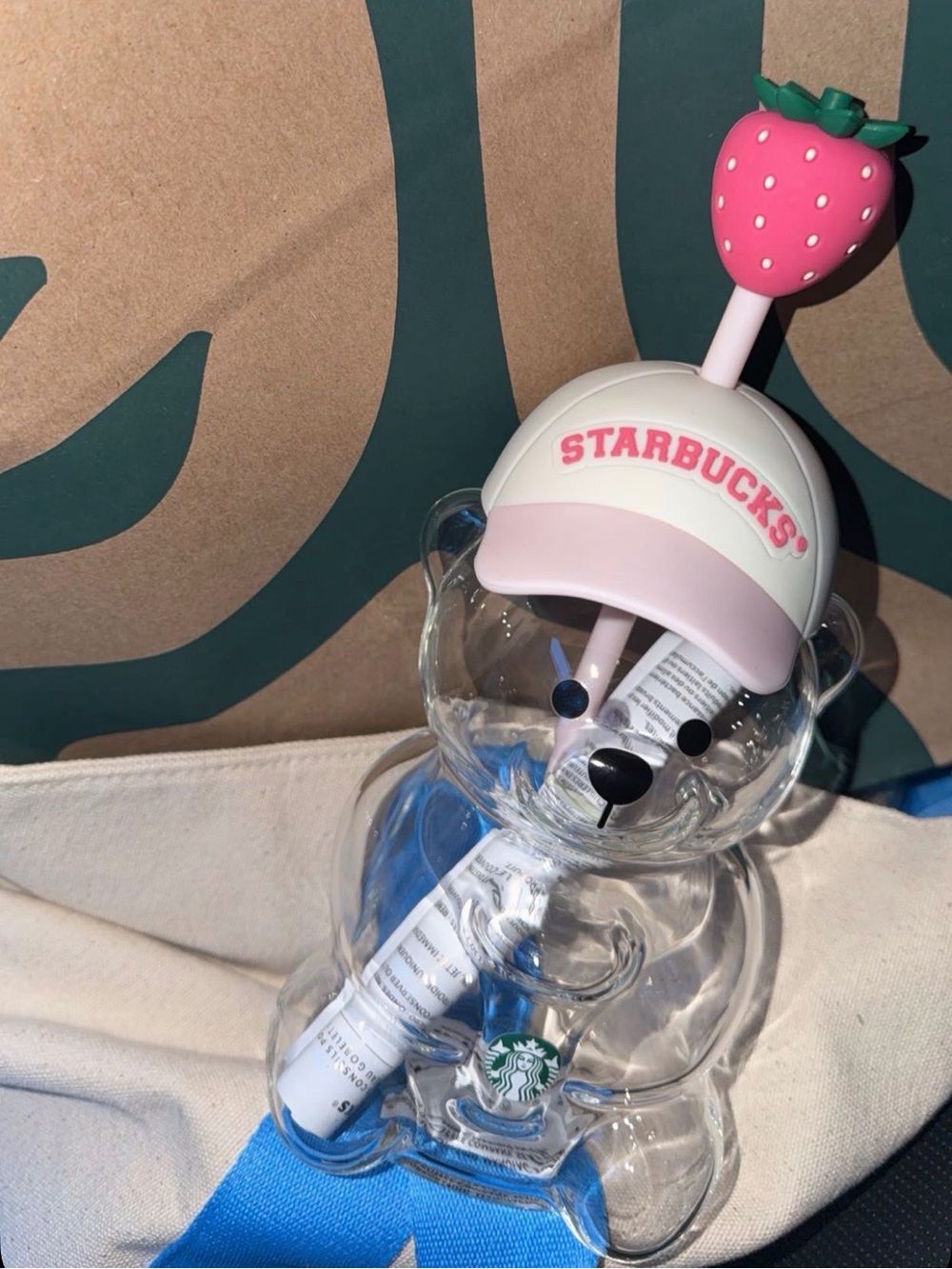 Starbucks Bearista Cup with Pink Cap and Strawberry Straw Topper